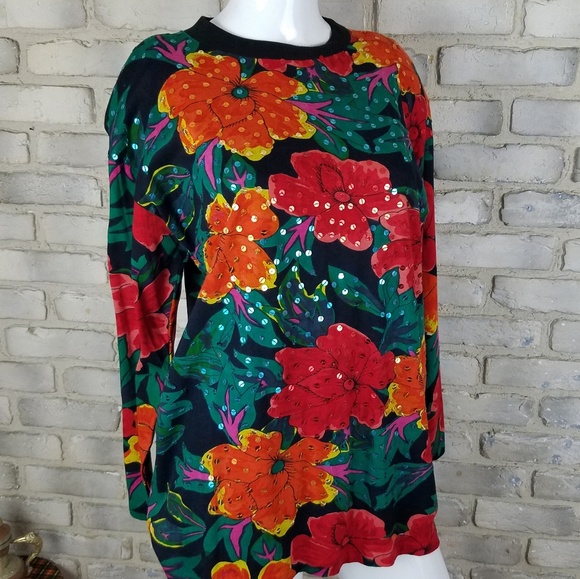 Shenanigans Womens Shirt Sz M Orange Green Floral - Picture 1 of 8